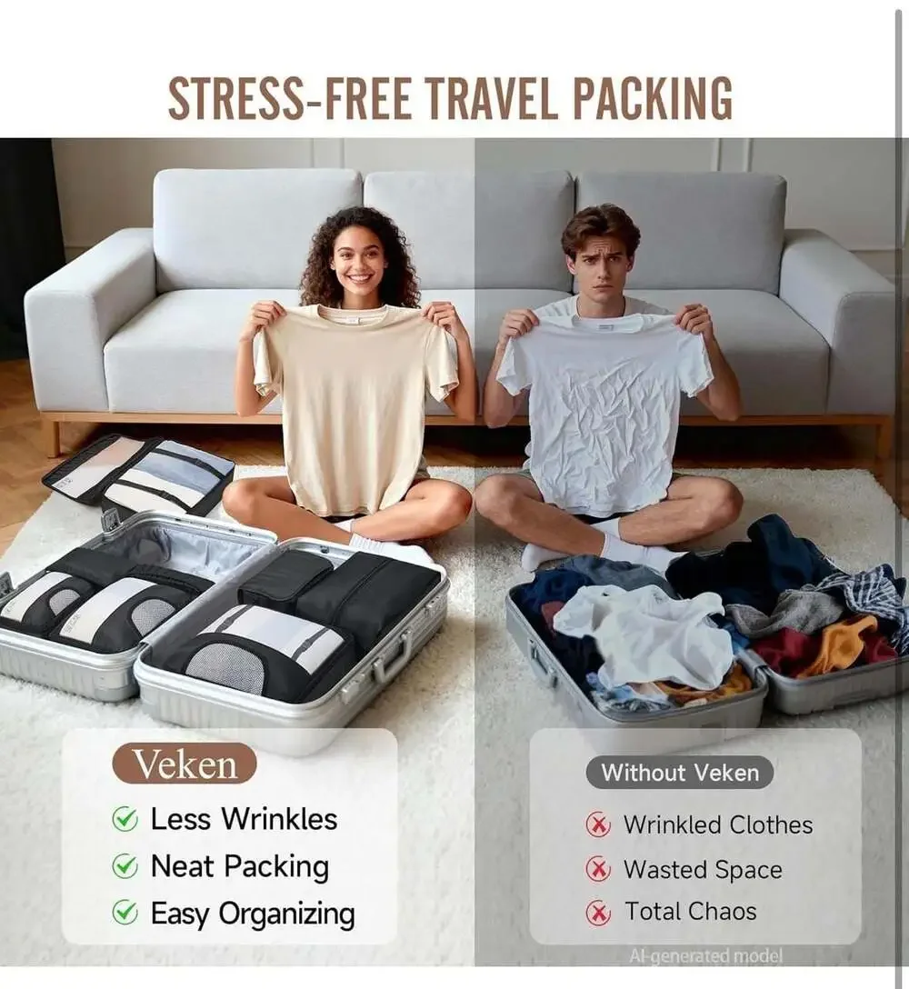 Veken 8-Piece Travel Packing Cubes Set with Hanging Toiletry Bag and Shoe Bag